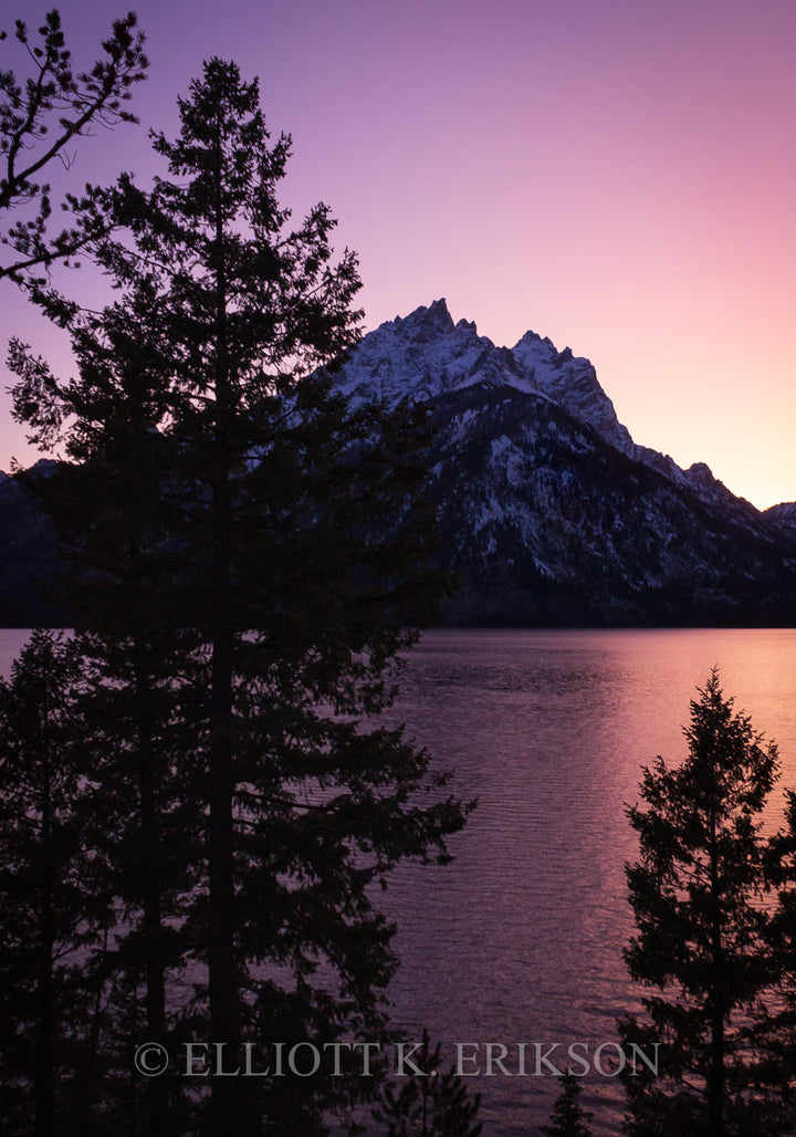 Teton Twilight - Jenny Lake. Teewinot Mountain in purple twilight at Jenny Lake.