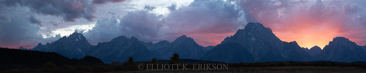 Now the Day Is Over. Grand Teton panoramic view with a blaze of sunset colors.